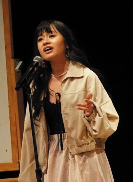 A vocal performer sings into a microphone.