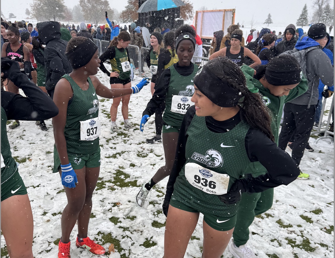 Women's cross country team members on meet day include freshman Talitha Venter; center, sophomore Judy Kipruto, who was NWACC's top finisher, center right, and sophomore Cindy Soto (33rd).  Freshman Ruby Salas, pictured far right, did not participate due to injury. (Courtesy photo)