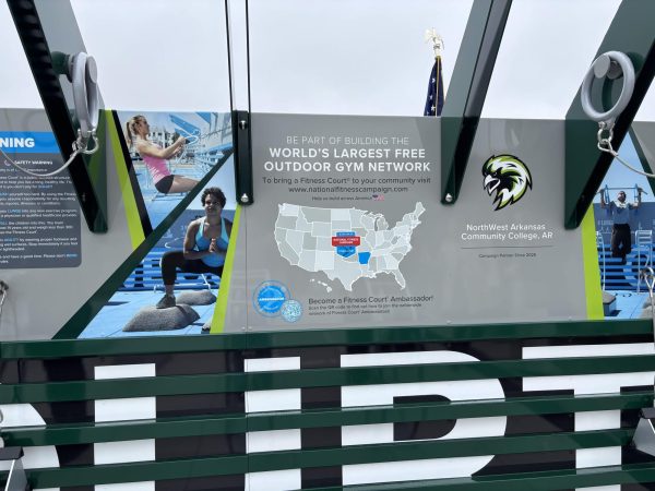 Photo of the fitness court signage including a map of the United States and text indicating the court is part of the country's largest free outdoor gym network.