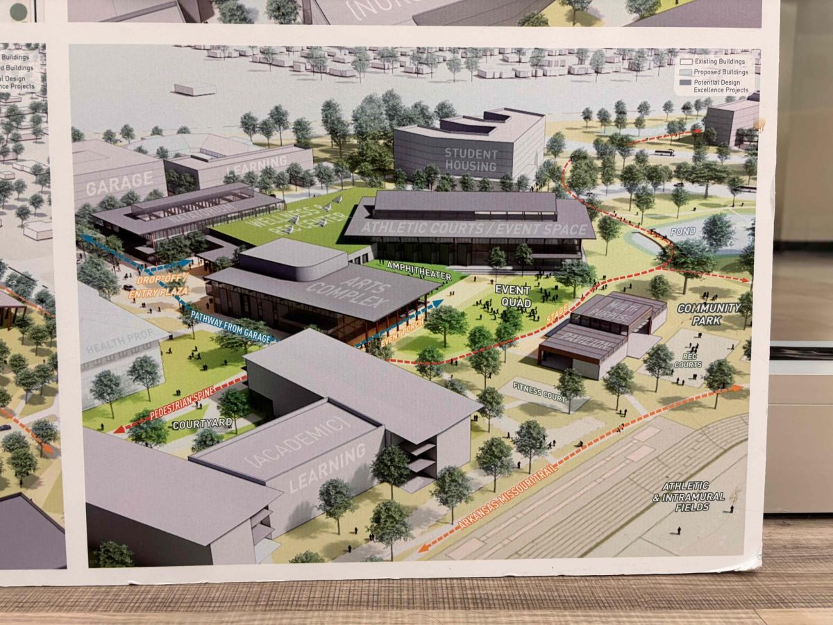 The image is a photo of a rendering of the campus master plan that identifies student housing in the northern part of the campus.