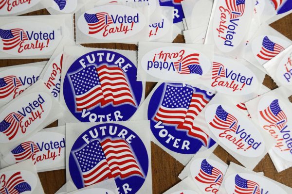 A collection of stickers in red, white, and blue read, "I voted early," and "Future Voter."
