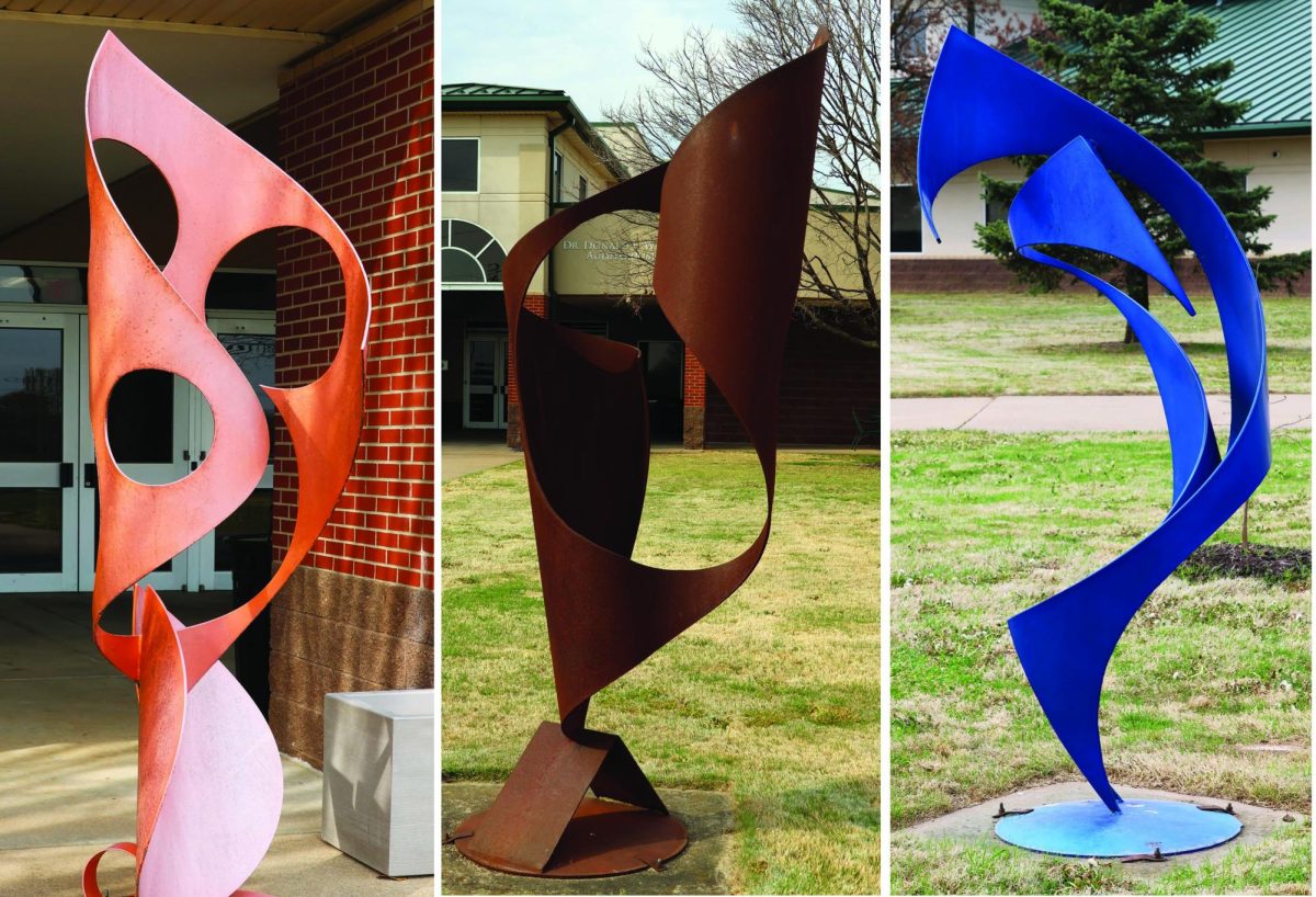 The photo is a collage of three images of steel sculptures. The one on the left is orange and titled "Circle Squared Again." The one in the center is raw steel and titled "Good Genes," and the one on the right is titled "Embrace."